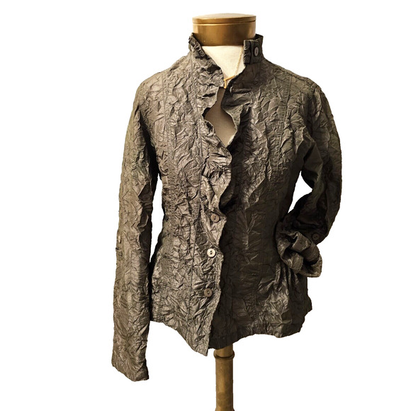 Chico's‎ Womens Cool Crinkle Fatigue Olive Green Jolena Jacket Adj Slv Sz 0-XS-4 - Picture 1 of 9